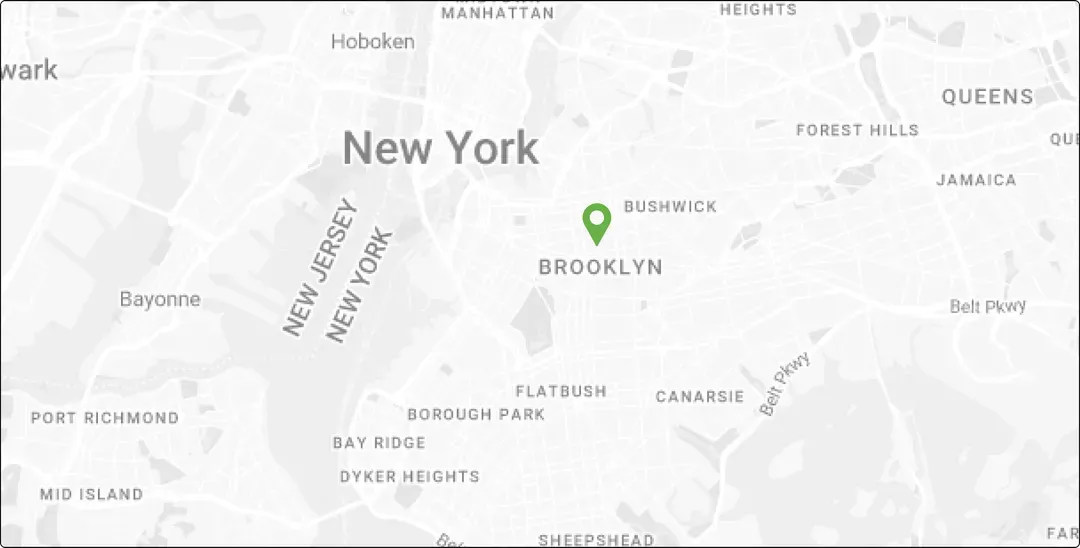 Map showing the studio on Bedford Avenue, Brooklyn